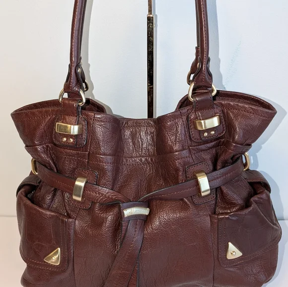 B. Makowsky Brandy Brown Leather Croco Embossed Drawstring Shoulder Bag - $298 - Picture 3 of 12